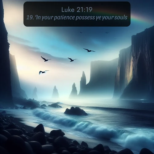 KJV Gospel of Luke 21:19 overlaying nature image scene: Ocean waves crash against volcanic cliffs as seabirds wheel overhead, creating momentary rainbows.;19. In your patience possess ye your souls.
