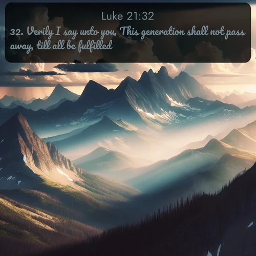 KJV Gospel of Luke 21:32 overlaying nature image scene: Summer storms build over mountain peaks at midday.;32. Verily I say unto you, This generation shall not pass away, till all be fulfilled.