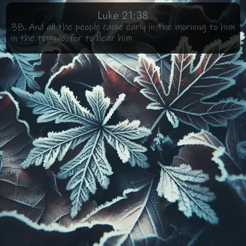 KJV Gospel of Luke 21:38 overlaying nature image scene: Winter frost creates delicate patterns on fallen leaves.;38. And all the people came early in the morning to him in the temple, for to hear him.