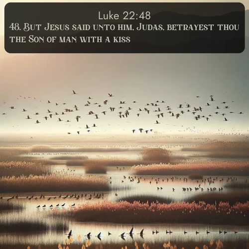 citation biblique : 48. But Jesus said unto him, Judas, betrayest thou the Son of man with a kiss?
 sur fond image nature