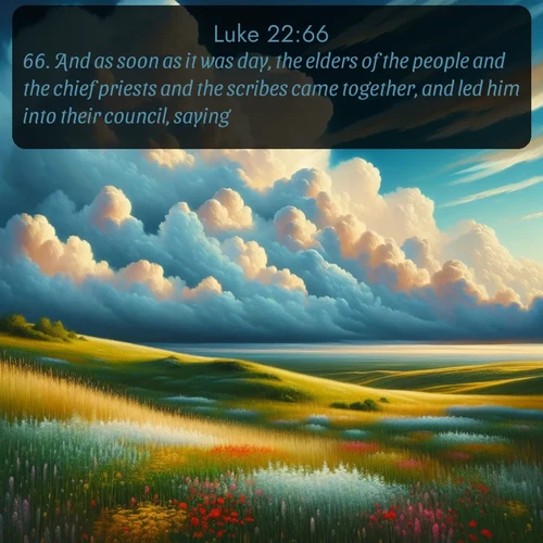 citation biblique : 66. And as soon as it was day, the elders of the people and the chief priests and the scribes came together, and led him into their council, saying,
 sur fond image nature