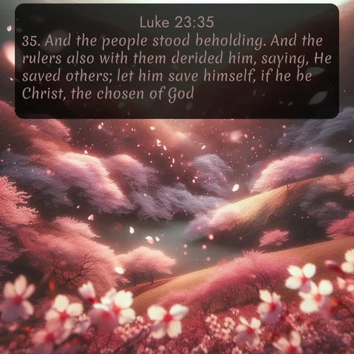 citation biblique : 35. And the people stood beholding. And the rulers also with them derided him, saying, He saved others; let him save himself, if he be Christ, the chosen of God.
 sur fond image nature