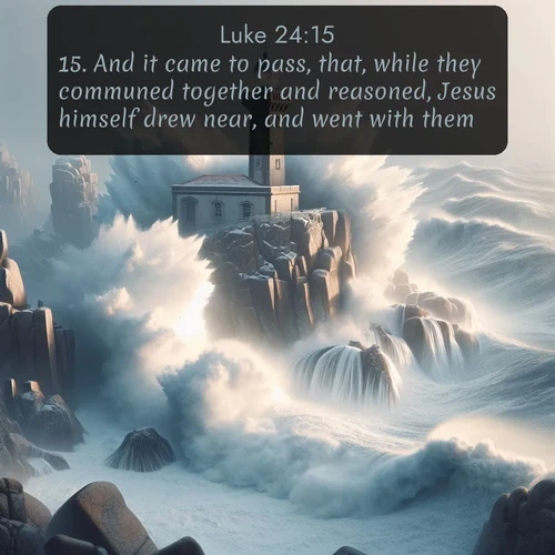 citation biblique : 15. And it came to pass, that, while they communed together and reasoned, Jesus himself drew near, and went with them.
 sur fond image nature