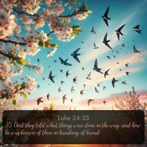 citation biblique : 35. And they told what things were done in the way, and how he was known of them in breaking of bread.
 sur fond image nature