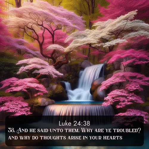 citation biblique : 38. And he said unto them, Why are ye troubled? and why do thoughts arise in your hearts?
 sur fond image nature