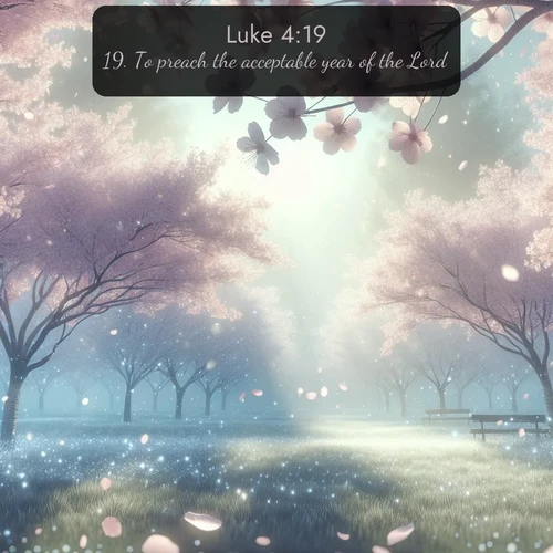 KJV Gospel of Luke 4:19 overlaying nature image scene: Spring rain falls on cherry trees in full bloom, petals drifting like snow.;19. To preach the acceptable year of the Lord.