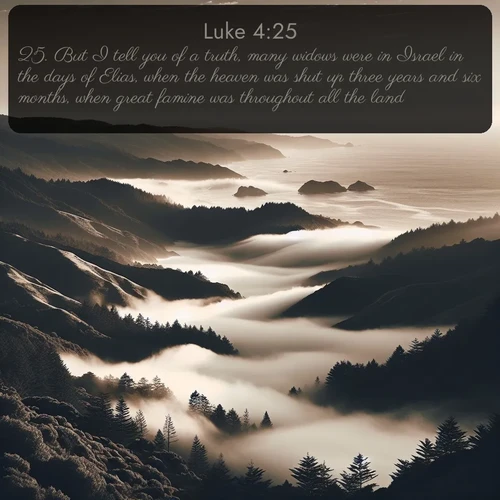citation biblique : 25. But I tell you of a truth, many widows were in Israel in the days of Elias, when the heaven was shut up three years and six months, when great famine was throughout all the land;
 sur fond image nature