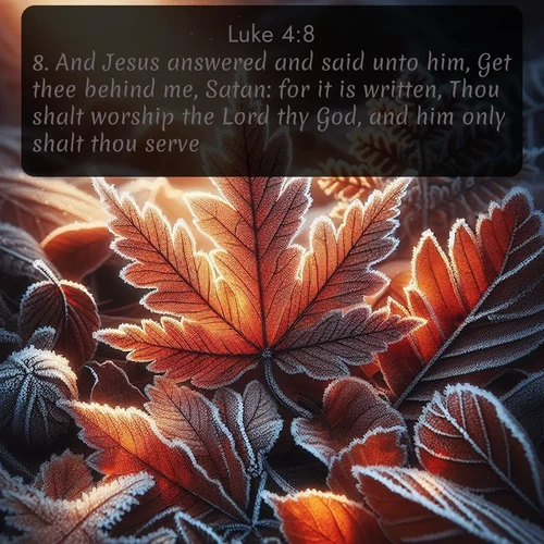 KJV Gospel of Luke 4:8 overlaying nature image scene: Autumn frost rims fallen leaves with crystal.;8. And Jesus answered and said unto him, Get thee behind me, Satan: for it is written, Thou shalt worship the Lord thy God, and him only shalt thou serve.