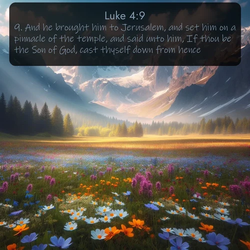 citation biblique : 9. And he brought him to Jerusalem, and set him on a pinnacle of the temple, and said unto him, If thou be the Son of God, cast thyself down from hence:
 sur fond image nature