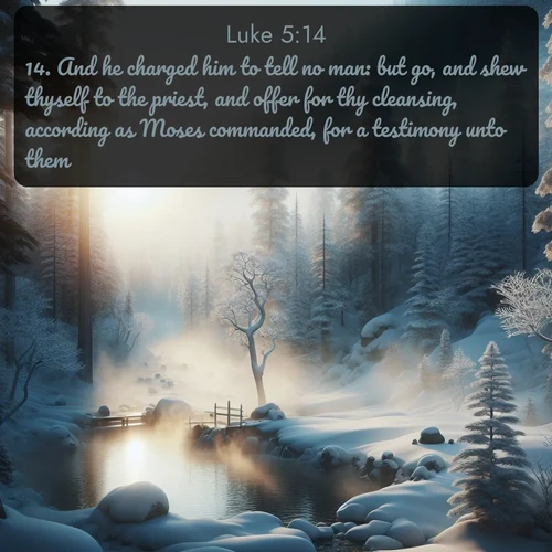 citation biblique : 14. And he charged him to tell no man: but go, and shew thyself to the priest, and offer for thy cleansing, according as Moses commanded, for a testimony unto them.
 sur fond image nature