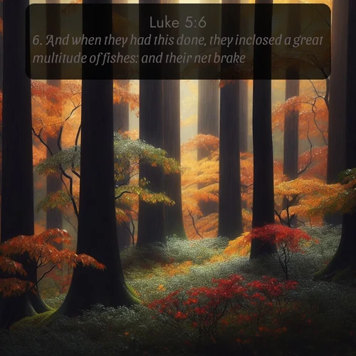 KJV Gospel of Luke 5:6 overlaying nature image scene: Autumn rain darkens tree trunks in the forest.;6. And when they had this done, they inclosed a great multitude of fishes: and their net brake.