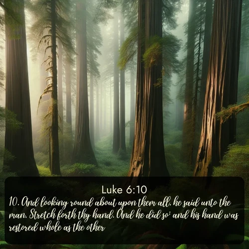 citation biblique : 10. And looking round about upon them all, he said unto the man, Stretch forth thy hand. And he did so: and his hand was restored whole as the other.
 sur fond image nature