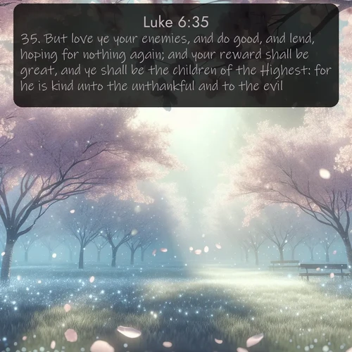 citation biblique : 35. But love ye your enemies, and do good, and lend, hoping for nothing again; and your reward shall be great, and ye shall be the children of the Highest: for he is kind unto the unthankful and to the evil.
 sur fond image nature
