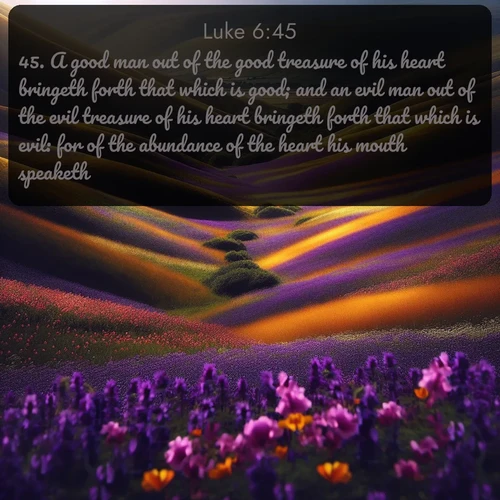 citation biblique : 45. A good man out of the good treasure of his heart bringeth forth that which is good; and an evil man out of the evil treasure of his heart bringeth forth that which is evil: for of the abundance of the heart his mouth speaketh.
 sur fond image nature