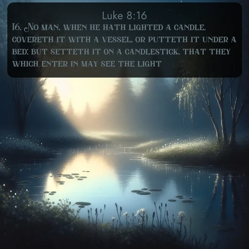 KJV Gospel of Luke  ; image nature: image with the bible verse :No man, when he hath lighted a candle, covereth it with a vessel, or putteth it under a bed; but setteth it on a candlestick, that they which enter in may see the light. ; Explore winter-themed Bible verse images illustrated by snowy mountains, frost-covered branches, and clear skies. These landscapes reflect divine purity and peace. Download verses like KJV Gospel of Luke 8:16. Current verse is overlayed with the thematic nature scene : Spring peepers call from a pond reflecting the first evening stars. ; 8:16