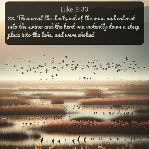 KJV Gospel of Luke  ; image nature: image with the bible verse :Then went the devils out of the man, and entered into the swine: and the herd ran violently down a steep place into the lake, and were choked. ; Admire Bible images evoking autumn, with warm colors of fallen leaves, harvested fields, and tranquil woods. These inspiring landscapes reflect the transition and beauty of God&#039;s creation. Download verses like KJV Gospel of Luke 8:33. Current verse is overlayed with the thematic nature scene : Spring migration fills marshlands with calling birds. ; 8:33