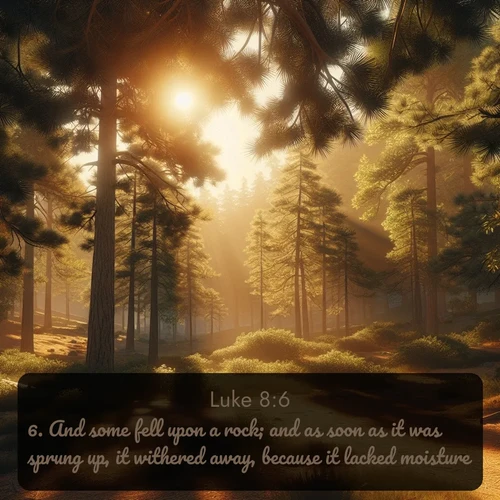 KJV Gospel of Luke  ; image nature: image with the bible verse :And some fell upon a rock; and as soon as it was sprung up, it withered away, because it lacked moisture. ; Download Bible verse images featuring vibrant photos of nature, from snowy landscapes to golden deserts. These free images are perfect for phone wallpapers, desktop backgrounds, or sharing. Verses include KJV Gospel of Luke 8:6. Current verse is overlayed with the thematic nature scene : Summer heat brings out the scent of pine needles. ; 8:6