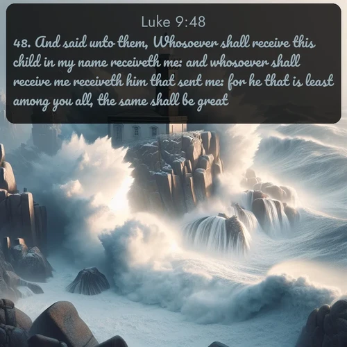citation biblique : 48. And said unto them, Whosoever shall receive this child in my name receiveth me: and whosoever shall receive me receiveth him that sent me: for he that is least among you all, the same shall be great.
 sur fond image nature