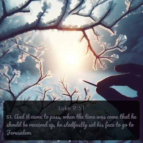 citation biblique : 51. And it came to pass, when the time was come that he should be received up, he stedfastly set his face to go to Jerusalem,
 sur fond image nature