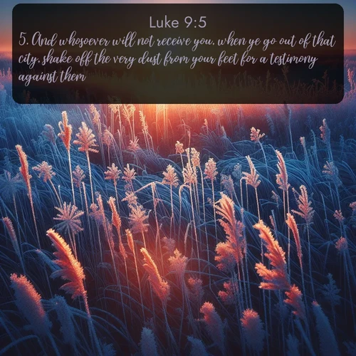 KJV Gospel of Luke 9:5 overlaying nature image scene: Winter sunrise illuminates frost-covered prairie grass.;5. And whosoever will not receive you, when ye go out of that city, shake off the very dust from your feet for a testimony against them.