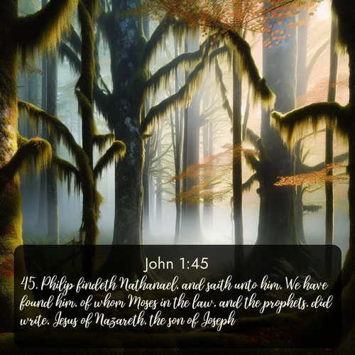 citation biblique : 45. Philip findeth Nathanael, and saith unto him, We have found him, of whom Moses in the law, and the prophets, did write, Jesus of Nazareth, the son of Joseph.
 sur fond image nature