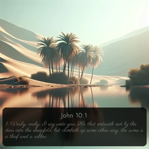 citation biblique : 1. Verily, verily, I say unto you, He that entereth not by the door into the sheepfold, but climbeth up some other way, the same is a thief and a robber.
 sur fond image nature