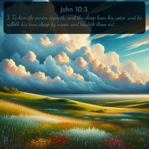 citation biblique : 3. To him the porter openeth; and the sheep hear his voice: and he calleth his own sheep by name, and leadeth them out.
 sur fond image nature