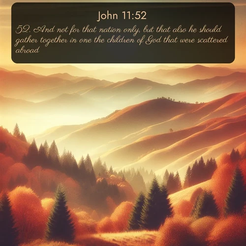 KJV Gospel of John 11:52 overlaying nature image scene: Autumn colors paint hillsides in warm earth tones.;52. And not for that nation only, but that also he should gather together in one the children of God that were scattered abroad.