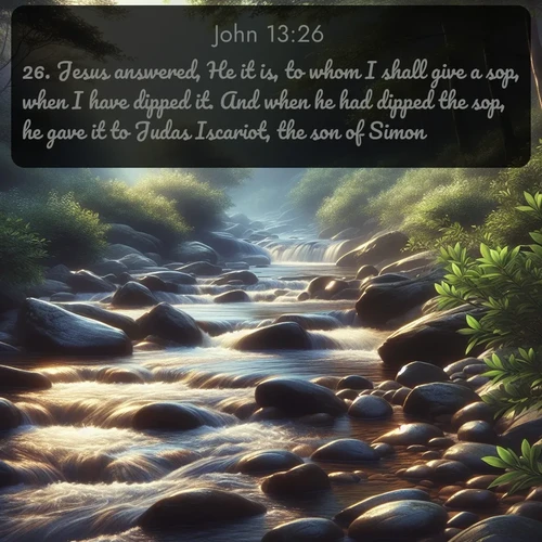 citation biblique : 26. Jesus answered, He it is, to whom I shall give a sop, when I have dipped it. And when he had dipped the sop, he gave it to Judas Iscariot, the son of Simon.
 sur fond image nature