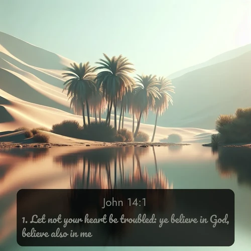 citation biblique : 1. Let not your heart be troubled: ye believe in God, believe also in me.
 sur fond image nature