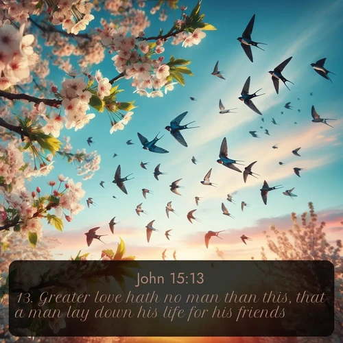 citation biblique : 13. Greater love hath no man than this, that a man lay down his life for his friends.
 sur fond image nature