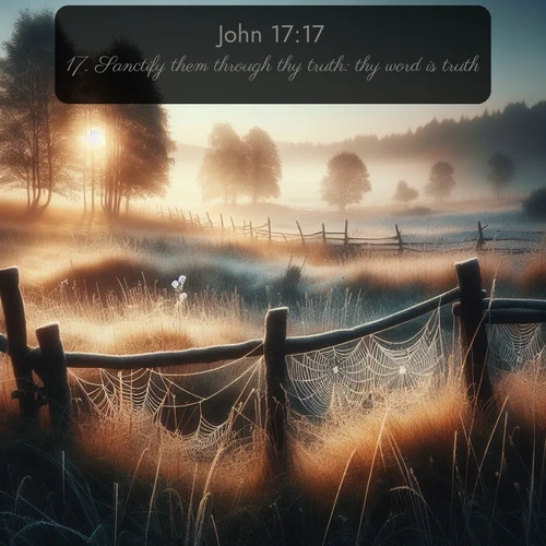 KJV Gospel of John 17:17 overlaying nature image scene: Morning frost coats spider webs stretched between fence posts in a country meadow.;17. Sanctify them through thy truth: thy word is truth.