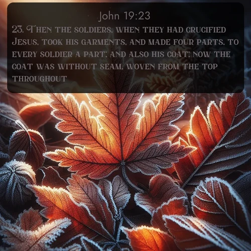 citation biblique : 23. Then the soldiers, when they had crucified Jesus, took his garments, and made four parts, to every soldier a part; and also his coat: now the coat was without seam, woven from the top throughout.
 sur fond image nature