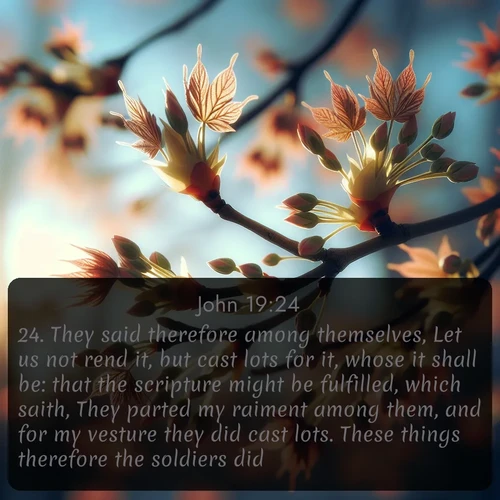 KJV Gospel of John 19:24 overlaying nature image scene: Spring buds burst open on maple branches against a blue sky.;24. They said therefore among themselves, Let us not rend it, but cast lots for it, whose it shall be: that the scripture might be fulfilled, which saith, They parted my raiment among them, and for my vesture they did cast lots. These things therefore the soldiers did.
