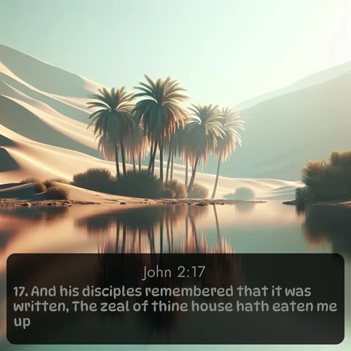KJV Gospel of John  ; image nature: image with the bible verse :And his disciples remembered that it was written, The zeal of thine house hath eaten me up. ; Download Bible verse images paired with breathtaking nature photos like golden deserts, shimmering seas, and blossoming orchards. These high-quality, free images are perfect for wallpapers or sharing. Verses include KJV Gospel of John 2:17. Current verse is overlayed with the thematic nature scene : A desert oasis shimmers in the midday heat, palm fronds rustling above still waters. ; 2:17