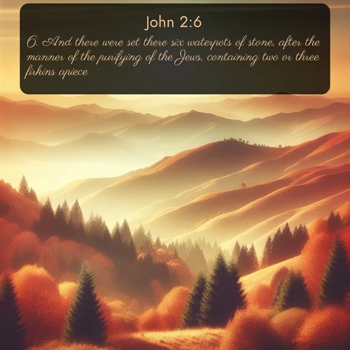 KJV Gospel of John  ; image nature: image with the bible verse :And there were set there six waterpots of stone, after the manner of the purifying of the Jews, containing two or three firkins apiece. ; Explore serene Bible verse images adorned with photos of divine creation—tranquil beaches, snowy mountains, and starry skies. Each image is free to download and share. Verses include KJV Gospel of John 2:6. Current verse is overlayed with the thematic nature scene : Autumn colors paint hillsides in warm earth tones. ; 2:6
