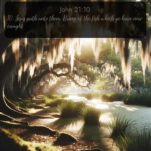citation biblique : 10. Jesus saith unto them, Bring of the fish which ye have now caught.
 sur fond image nature