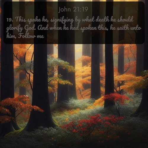 citation biblique : 19. This spake he, signifying by what death he should glorify God. And when he had spoken this, he saith unto him, Follow me.
 sur fond image nature