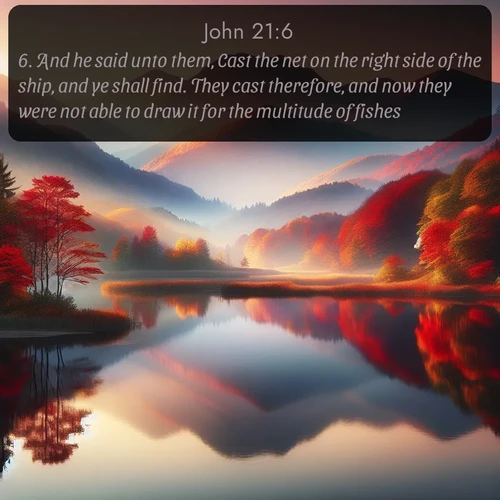 citation biblique : 6. And he said unto them, Cast the net on the right side of the ship, and ye shall find. They cast therefore, and now they were not able to draw it for the multitude of fishes.
 sur fond image nature