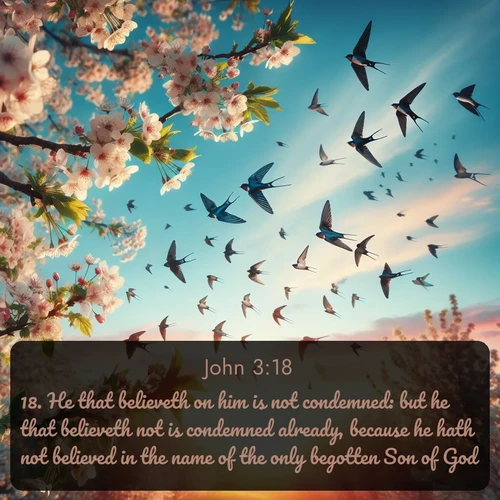 citation biblique : 18. He that believeth on him is not condemned: but he that believeth not is condemned already, because he hath not believed in the name of the only begotten Son of God.
 sur fond image nature