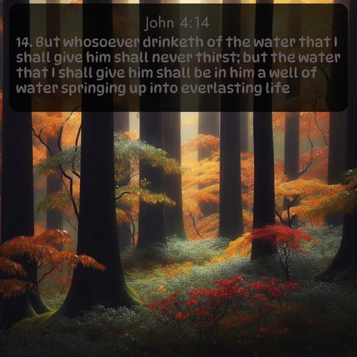 KJV Gospel of John  ; image nature: image with the bible verse :But whosoever drinketh of the water that I shall give him shall never thirst; but the water that I shall give him shall be in him a well of water springing up into everlasting life. ; Discover beautiful Bible verse images that combine inspiring scripture with captivating nature photos. Download high-quality images featuring lush valleys, peaceful streams, and endless horizons like KJV Gospel of John 4:14. Current verse is overlayed with the thematic nature scene : Autumn rain darkens tree trunks in the forest. ; 4:14