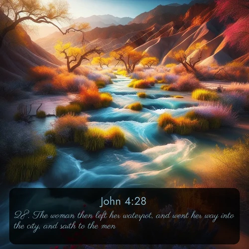 KJV Gospel of John  ; image nature: image with the bible verse :The woman then left her waterpot, and went her way into the city, and saith to the men, ; Admire our free collection of Bible verse images with beautiful landscapes like sunlit forests, rippling waters, and radiant dawns. Each verse, such as KJV Gospel of John 4:28, is ready to download and share. Current verse is overlayed with the thematic nature scene : Spring floods transform desert arroyos into rushing streams. ; 4:28