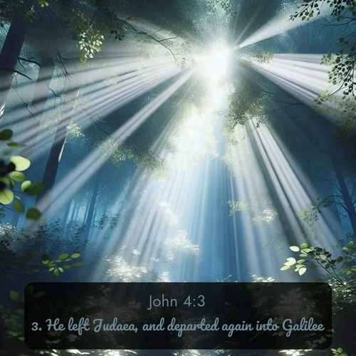 KJV Gospel of John  ; image nature: image with the bible verse :He left Judaea, and departed again into Galilee. ; Explore Bible verse images highlighting the beauty of spring, with vibrant flowers, butterflies, and blossoming fruit trees. These scenes evoke divine hope and renewal. Download inspiring verses like KJV Gospel of John 4:3. Current verse is overlayed with the thematic nature scene : Summer light filters through forest canopy like stained glass. ; 4:3