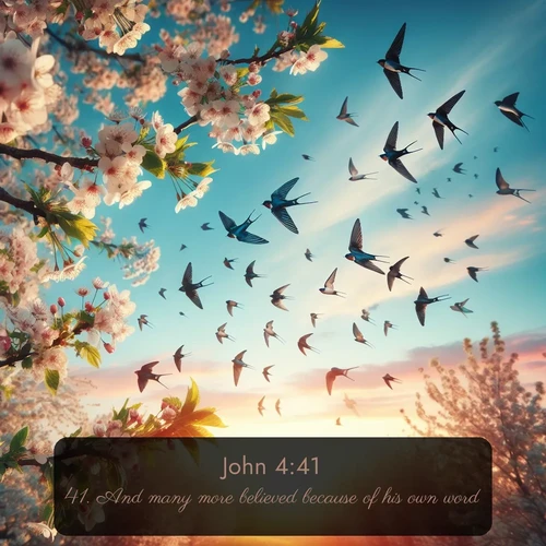 KJV Gospel of John  ; image nature: image with the bible verse :And many more believed because of his own word; ; Dive into our collection of Bible verses paired with breathtaking desert landscapes, featuring infinite dunes, shaded oases, and desert sunsets. These images highlight the majestic grandeur of God&#039;s creation. Download and share verses like KJV Gospel of John 4:41. Current verse is overlayed with the thematic nature scene : Spring migration fills the sky with countless swallows. ; 4:41