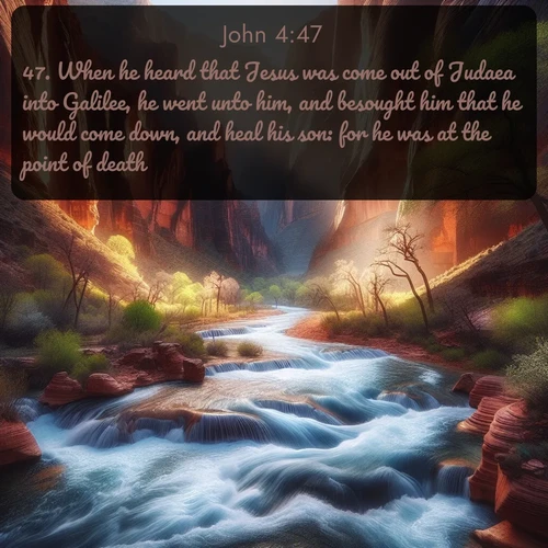 citation biblique : 47. When he heard that Jesus was come out of Judaea into Galilee, he went unto him, and besought him that he would come down, and heal his son: for he was at the point of death.
 sur fond image nature