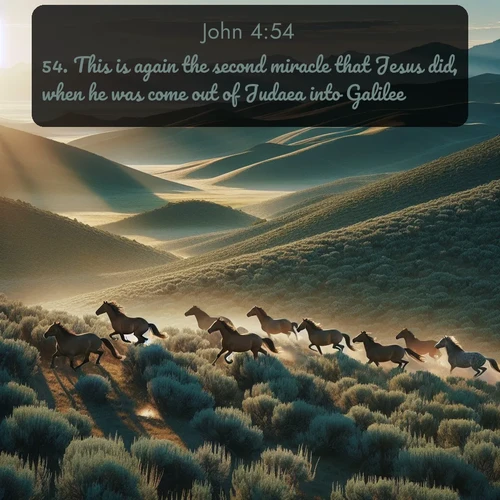 KJV Gospel of John  ; image nature: image with the bible verse :This is again the second miracle that Jesus did, when he was come out of Judaea into Galilee. ; Download Bible verse images paired with breathtaking nature photos like golden deserts, shimmering seas, and blossoming orchards. These high-quality, free images are perfect for wallpapers or sharing. Verses include KJV Gospel of John 4:54. Current verse is overlayed with the thematic nature scene : Wild mustangs gallop across sage-covered hills in the morning light. ; 4:54