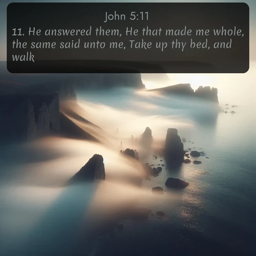 citation biblique : 11. He answered them, He that made me whole, the same said unto me, Take up thy bed, and walk.
 sur fond image nature