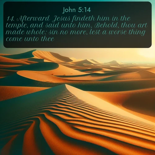 citation biblique : 14. Afterward Jesus findeth him in the temple, and said unto him, Behold, thou art made whole: sin no more, lest a worse thing come unto thee.
 sur fond image nature