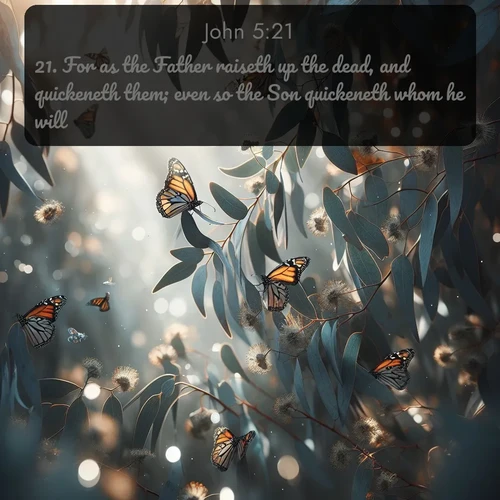 citation biblique : 21. For as the Father raiseth up the dead, and quickeneth them; even so the Son quickeneth whom he will.
 sur fond image nature