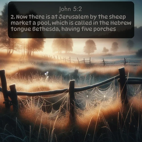citation biblique : 2. Now there is at Jerusalem by the sheep market a pool, which is called in the Hebrew tongue Bethesda, having five porches.
 sur fond image nature